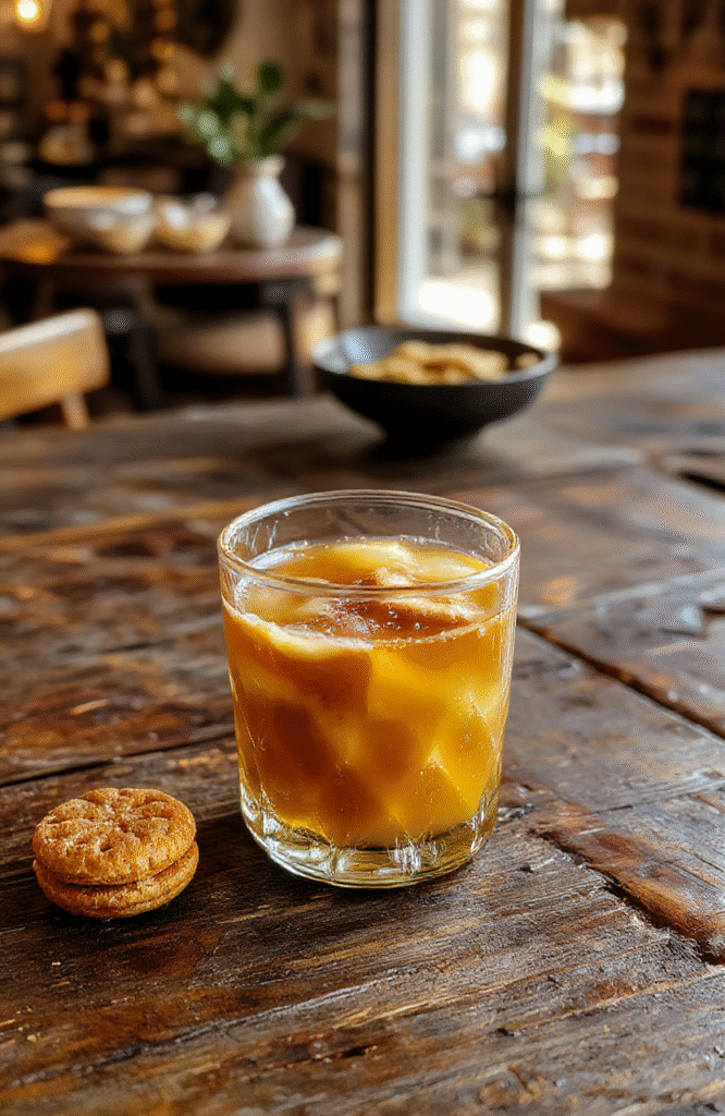 A vibrant, golden honey-colored butterscotch elixir served in a clear glass mug with a cinnamon stick and a drizzle of honey on top. The drink is garnished with a sprinkle of nutmeg, placed on a rustic wooden surface with cozy, magical lighting. In the background, soft blurred fairy lights and a vintage potion bottle evoke a whimsical, magical atmosphere.