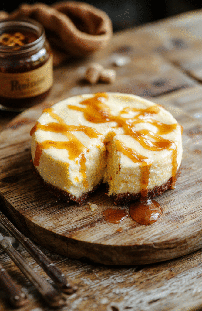 A vibrant, creamy cheesecake topped with a golden honey caramel drizzle, decorated with a frothy butterbeer foam and whimsical edible gold dust, plated on a rustic wooden board with charming Harry Potter-themed decorations in the background.