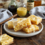 Golden caramel-colored cheesecake bars topped with whipped cream and caramel drizzle on a rustic wooden platter, with a hint of frothy butterbeer foam and magical sparkles, styled with vintage parchment paper and wand-shaped decoration, creating a whimsical and inviting scene.