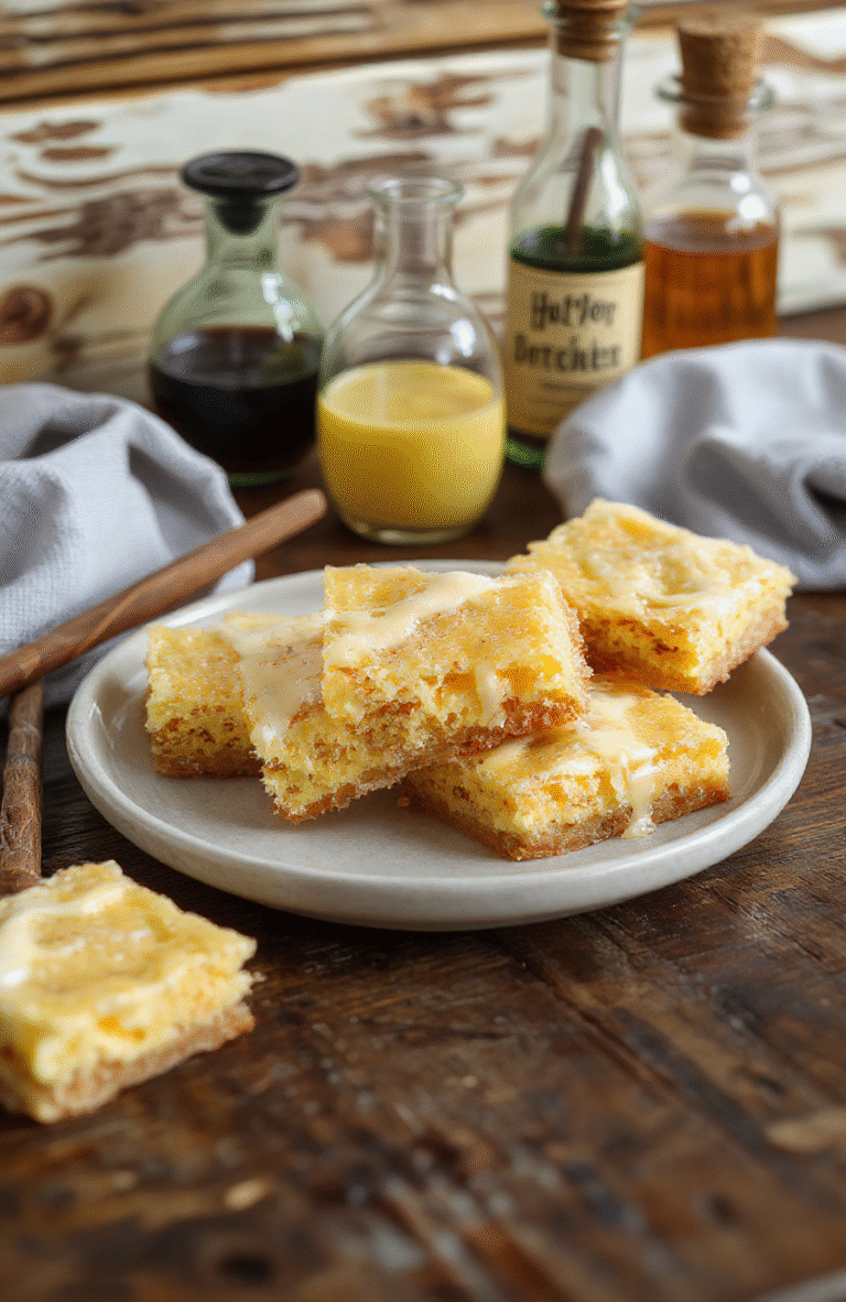 Golden caramel-colored cheesecake bars topped with whipped cream and caramel drizzle on a rustic wooden platter, with a hint of frothy butterbeer foam and magical sparkles, styled with vintage parchment paper and wand-shaped decoration, creating a whimsical and inviting scene.