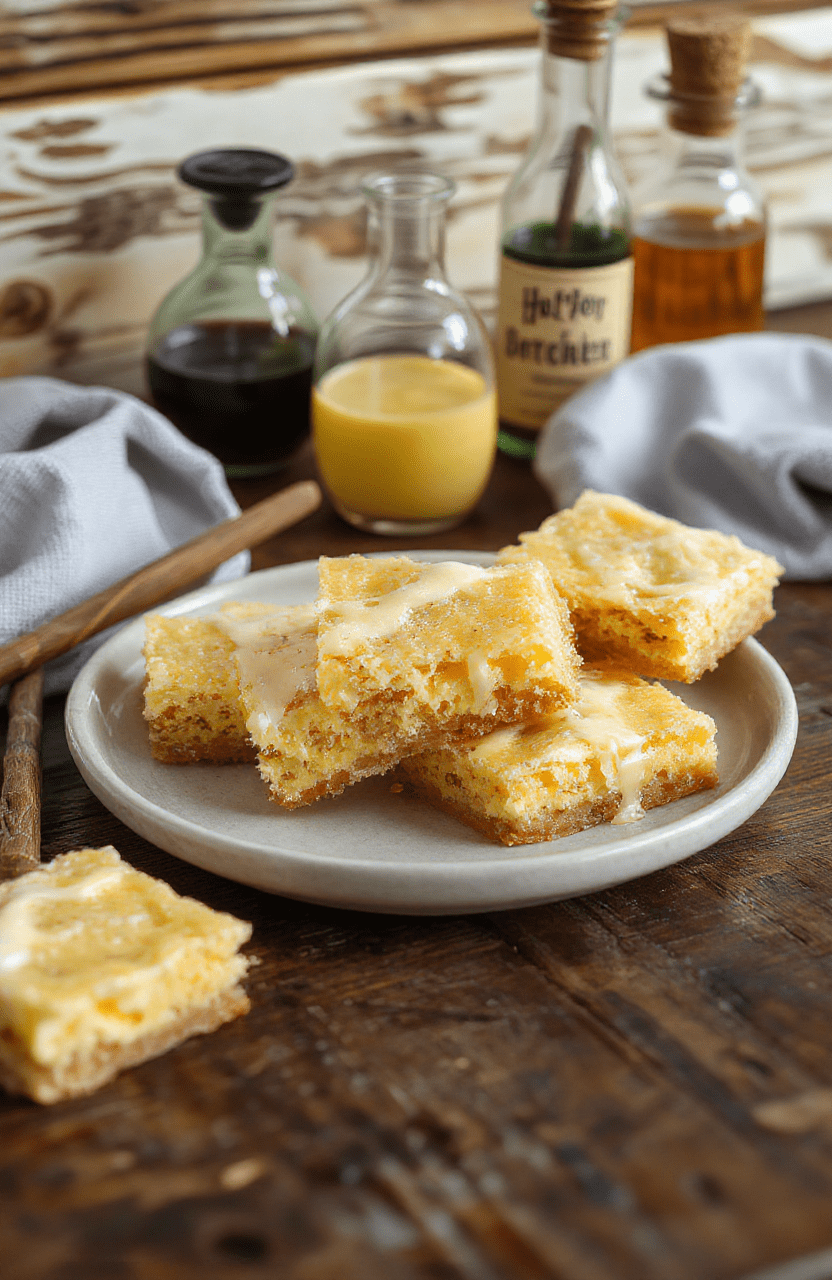 Golden caramel-colored cheesecake bars topped with whipped cream and caramel drizzle on a rustic wooden platter, with a hint of frothy butterbeer foam and magical sparkles, styled with vintage parchment paper and wand-shaped decoration, creating a whimsical and inviting scene.