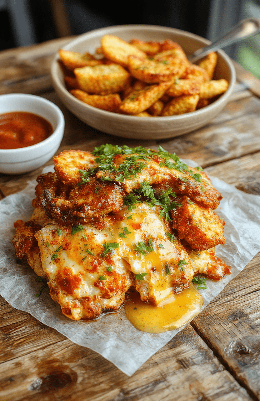 A vibrant plate of classic comfort food featuring a golden-brown casserole topped with melted cheese, served alongside fresh green herbs. The dish is arranged on rustic wooden table with warm ambient lighting, highlighting its creamy texture and savory appeal. The background hints at a cozy home kitchen atmosphere with subtle hints of seasonal decor.