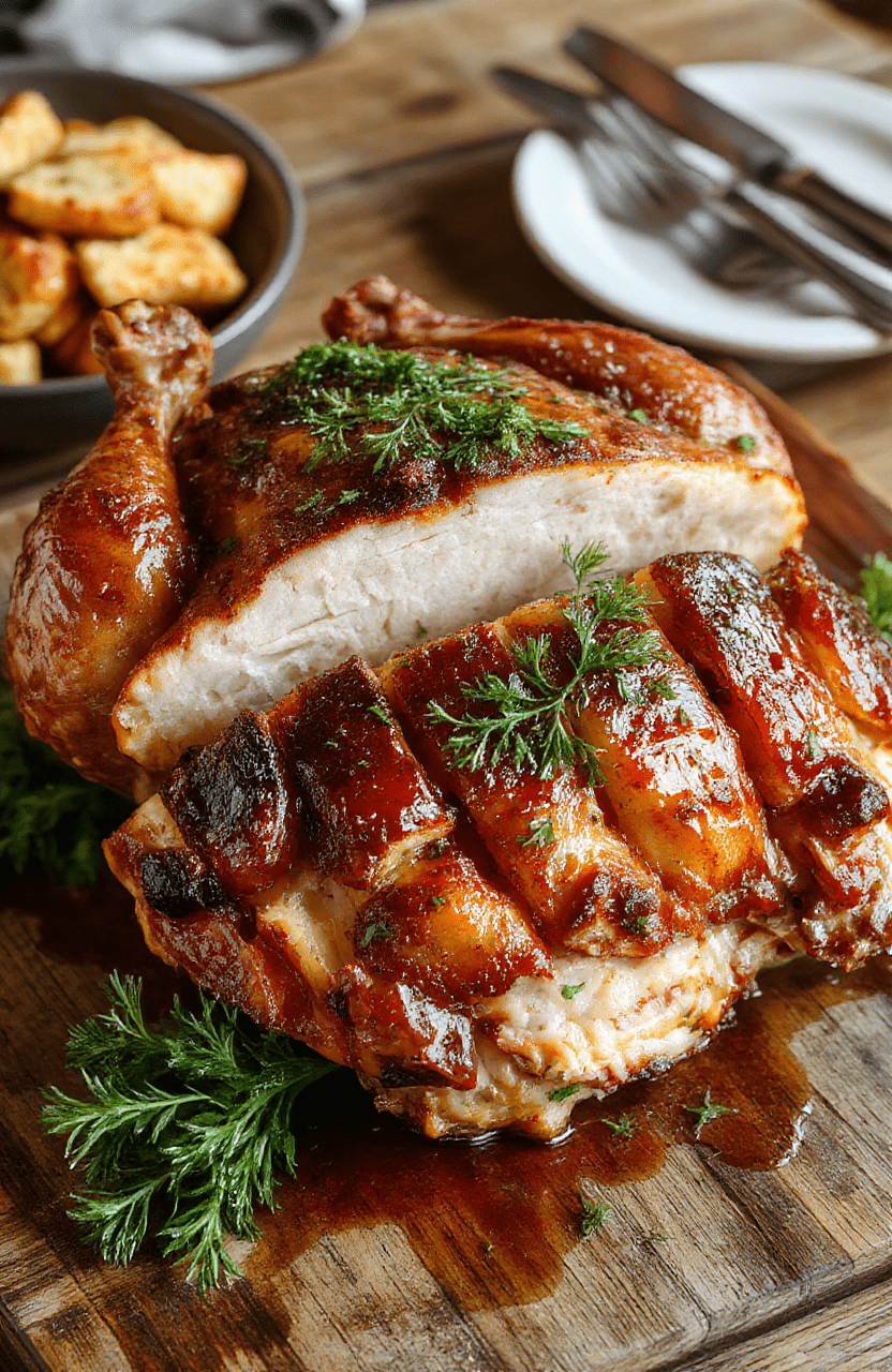 A beautifully plated roast turkey with crispy golden skin, garnished with fresh herbs, served on a large white platter. The turkey is surrounded by colorful vegetables and lemon slices, with a rustic wooden table background, styled simply for a festive yet cozy holiday presentation.