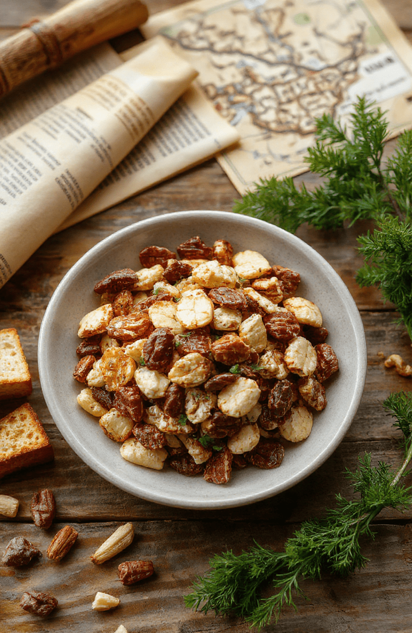 A colorful and inviting trail mix in a rustic wooden bowl, featuring a mix of dried fruits, nuts, seeds, and chocolate chunks, styled with natural light, earthy tones, and a Tolkien-inspired backdrop with lush greenery and medieval elements.