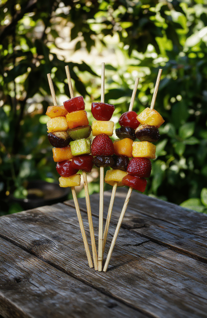 Vibrant fruit skewers arranged on a rustic wooden platter, featuring colorful strawberries, pineapple chunks, green grapes, and melon slices. The skewers are neatly aligned, showcasing the fresh, juicy textures, with a backdrop inspired by the lush greenery of Middle-earth, styled to evoke a magical, fantasy atmosphere.
