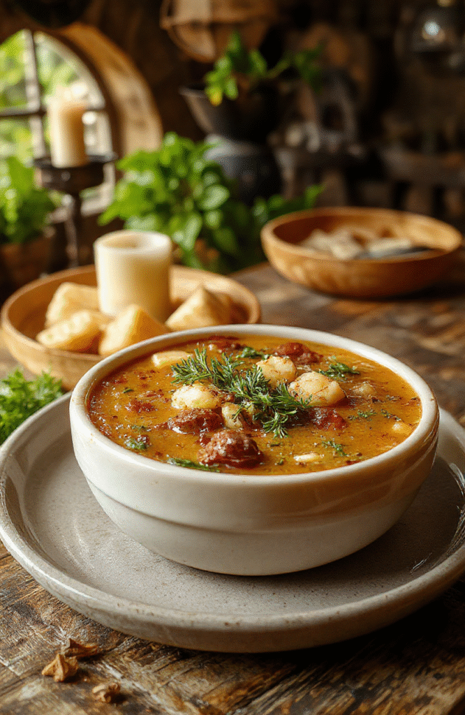 A hearty bowl of Lord of the Rings Shire Harvest Soup featuring vibrant vegetables, chunks of fresh herbs, and garnished with crusty bread on a rustic wooden table, evoking a cozy Hobbit feast vibe, with warm earthy tones and inviting textures.