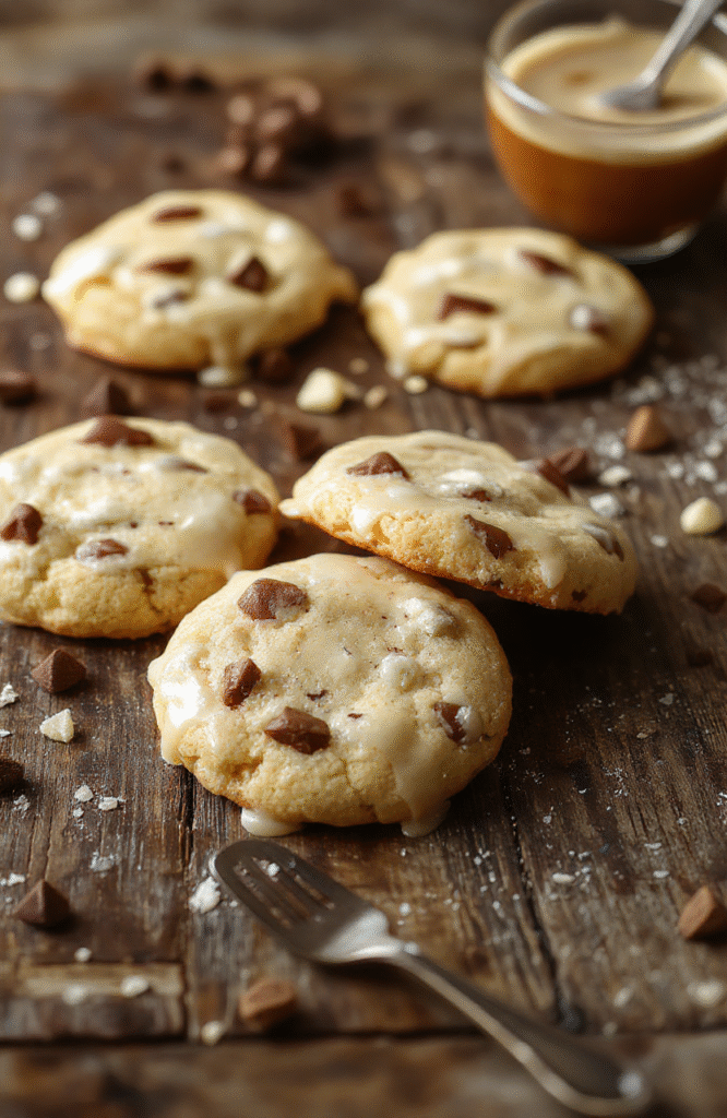 A plate of golden brown no-bake Butterbeer cookies with a glossy surface, garnished with whipped cream and caramel drizzle, styled on a rustic wooden table with scattered spices and a mug of Butterbeer in the background.