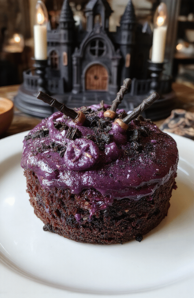 Deep purple and black frosting topped with shimmering edible glitter, decorated with miniature dark magic wands, and intricate curse symbols. The cupcakes sit on a black slate plate with gothic-themed decorations, styled with dramatic lighting and mystical accents to reflect a dark fantasy realm.