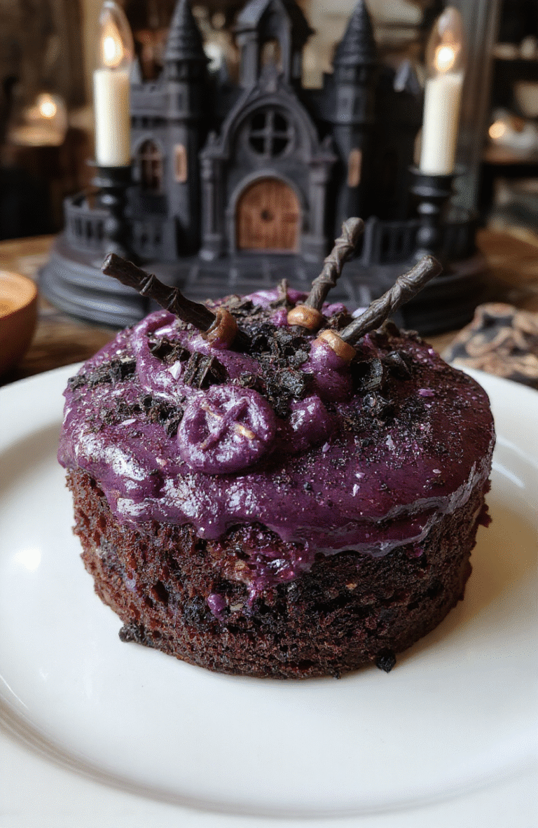 Deep purple and black frosting topped with shimmering edible glitter, decorated with miniature dark magic wands, and intricate curse symbols. The cupcakes sit on a black slate plate with gothic-themed decorations, styled with dramatic lighting and mystical accents to reflect a dark fantasy realm.