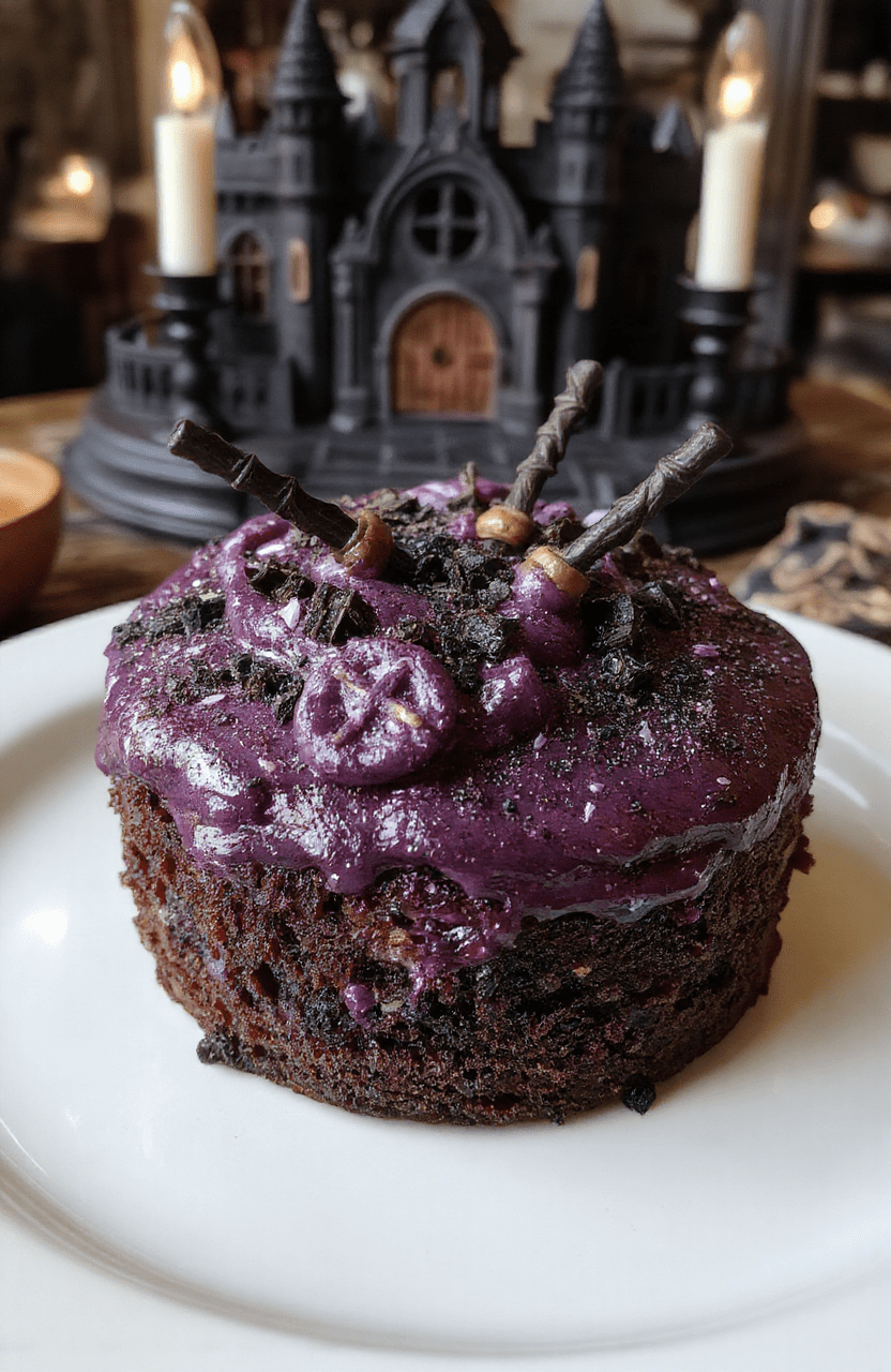 Deep purple and black frosting topped with shimmering edible glitter, decorated with miniature dark magic wands, and intricate curse symbols. The cupcakes sit on a black slate plate with gothic-themed decorations, styled with dramatic lighting and mystical accents to reflect a dark fantasy realm.