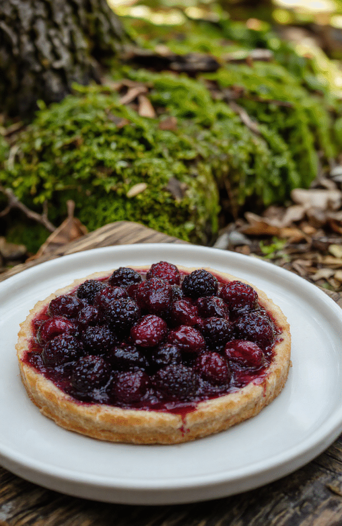 A vibrant dark purple and deep red berry tart adorned with fresh blackberries, raspberries, and blueberries on a rustic wooden table. The tart is garnished with edible flowers and powdered sugar, with a golden crust on the edges. Soft natural light highlights the glossy fruit topping and textured crust, creating an enchanting, mysterious atmosphere.