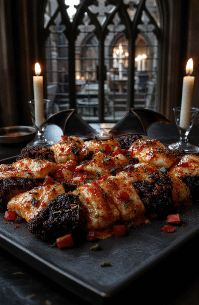 A dark gothic-themed platter featuring blackened meats, deep purple and crimson cheeses, edible black flowers, and charred bread, artfully arranged on a matte black ceramic tray, with moody lighting highlighting textures and eerie elegance.