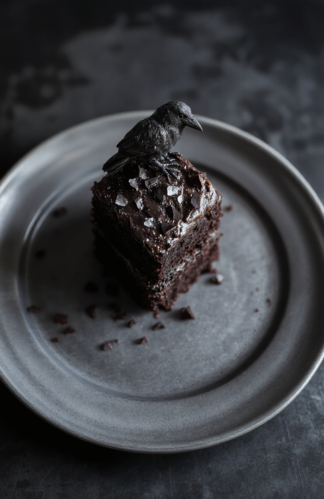 A striking black velvet cake with smooth, velvety frosting decorated with edible silver pearls and dark purple accents, plated on a black matte surface with a mystical, Gothic ambiance.