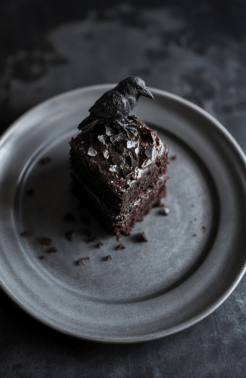 A striking black velvet cake with smooth, velvety frosting decorated with edible silver pearls and dark purple accents, plated on a black matte surface with a mystical, Gothic ambiance.