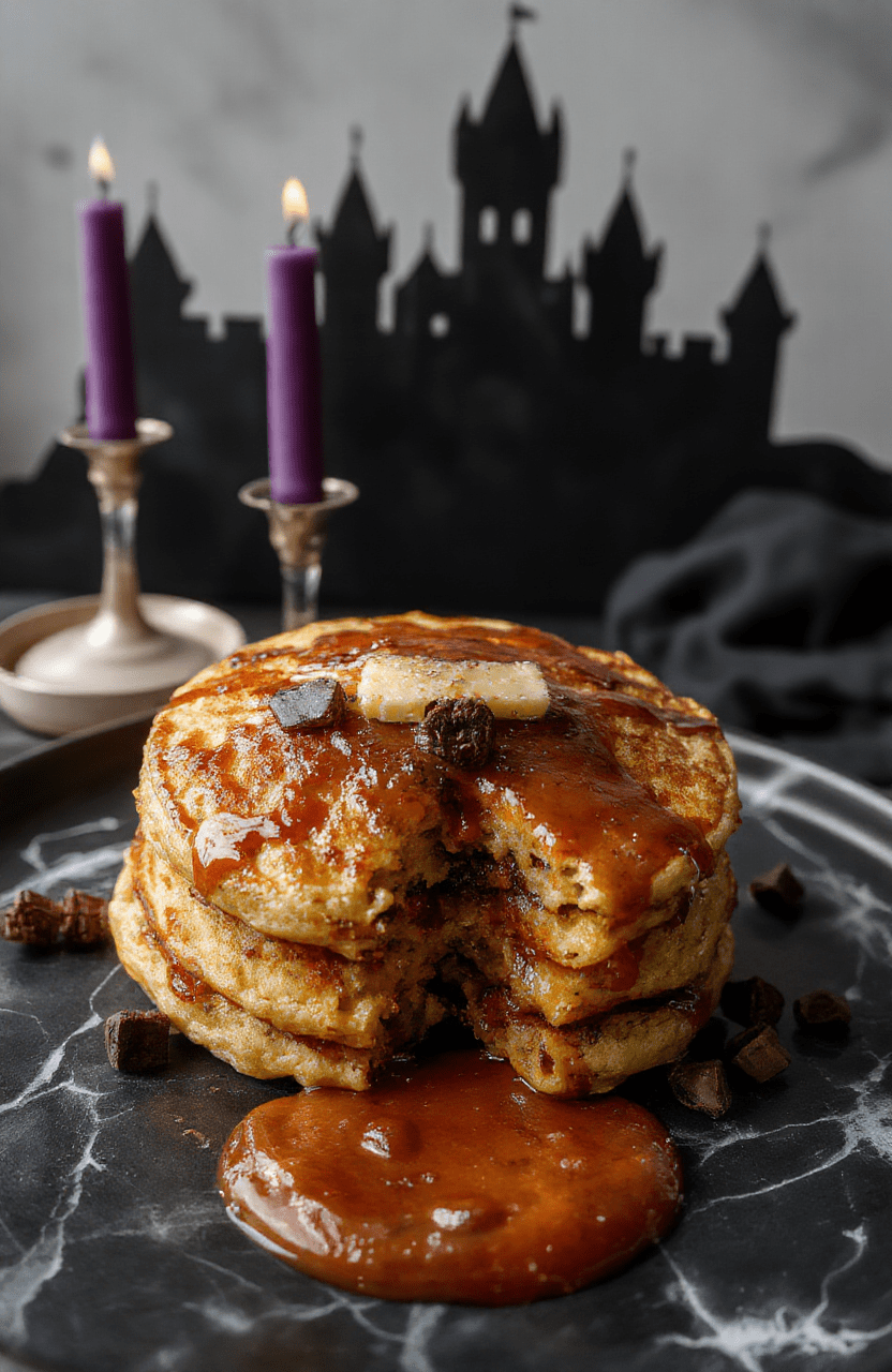 Dark purple and black shadow pancakes stacked on a gray plate, drizzled with eerie black syrup, garnished with edible glitter and misty dry ice fog, all styled on a gothic black table with purple candles in the background.