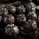 Dark, glossy chocolate truffles shaped with thorn-like ridges, decorated with edible black glitter and silver dragees, arranged on a black velvet cloth with ominous, gothic candlelight ambiance.