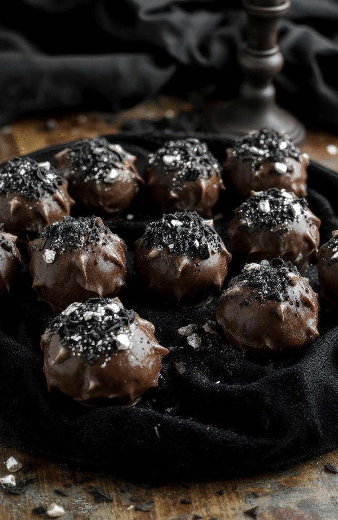 Dark, glossy chocolate truffles shaped with thorn-like ridges, decorated with edible black glitter and silver dragees, arranged on a black velvet cloth with ominous, gothic candlelight ambiance.