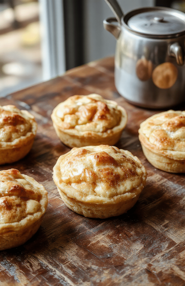 A plate of golden mini apple pies with flaky crust and warm cinnamon filling, garnished with a sprinkle of powdered sugar, arranged on a rustic wooden table styled with autumn leaves and a cinnamon stick for visual appeal.
