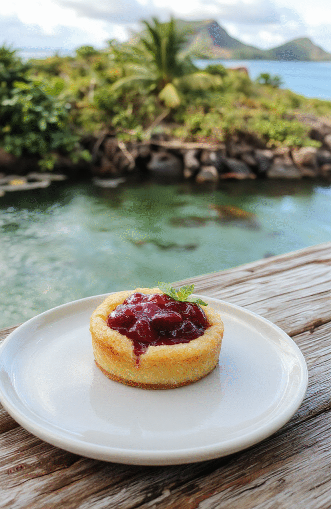 Colorful Moana Heart of Te Fiti fruit tart plated on a rustic wooden surface, topped with vibrant tropical fruits like kiwi, pineapple, and dragon fruit arranged in a flower pattern, with a glossy glaze and edible gold accents, styled with Polynesian-inspired elements.
