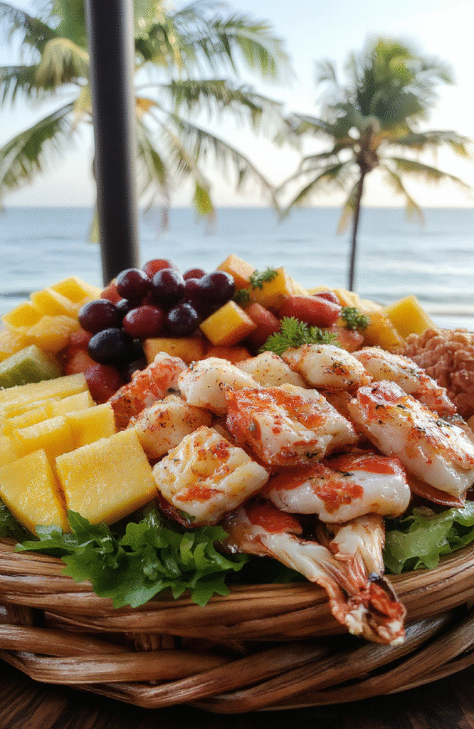 A vibrant, colorful island feast platter featuring grilled fish, shellfish, tropical fruits, and rice, beautifully arranged on a woven bamboo tray with palm leaves in the background, styled with seashells and tropical flowers for a festive Polynesian presentation.