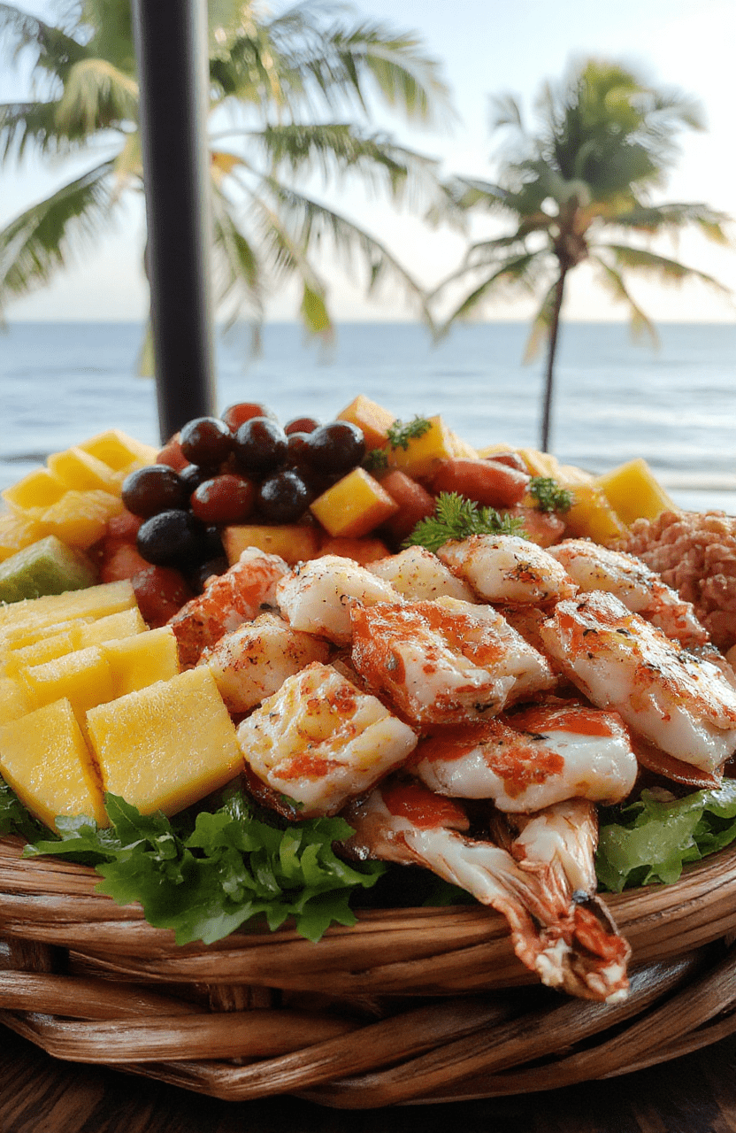 A vibrant, colorful island feast platter featuring grilled fish, shellfish, tropical fruits, and rice, beautifully arranged on a woven bamboo tray with palm leaves in the background, styled with seashells and tropical flowers for a festive Polynesian presentation.