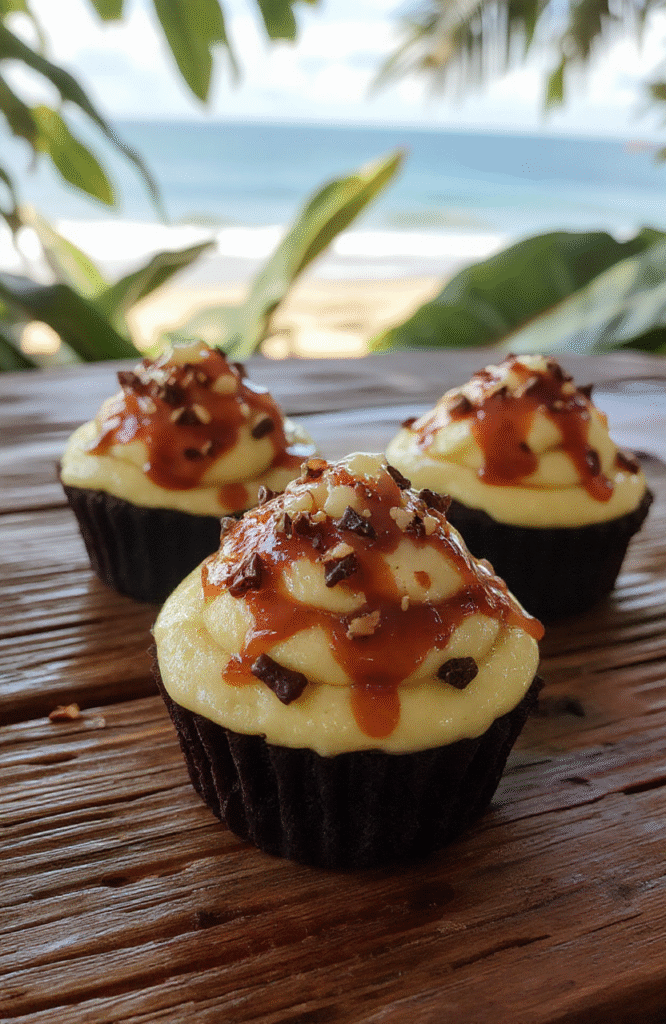 Vibrant cupcakes topped with swirls of pink, purple, and blue frosting resembling a lava flow, adorned with edible glitter and tropical fruit slices, presented on a wooden board with tropical leaves in the background