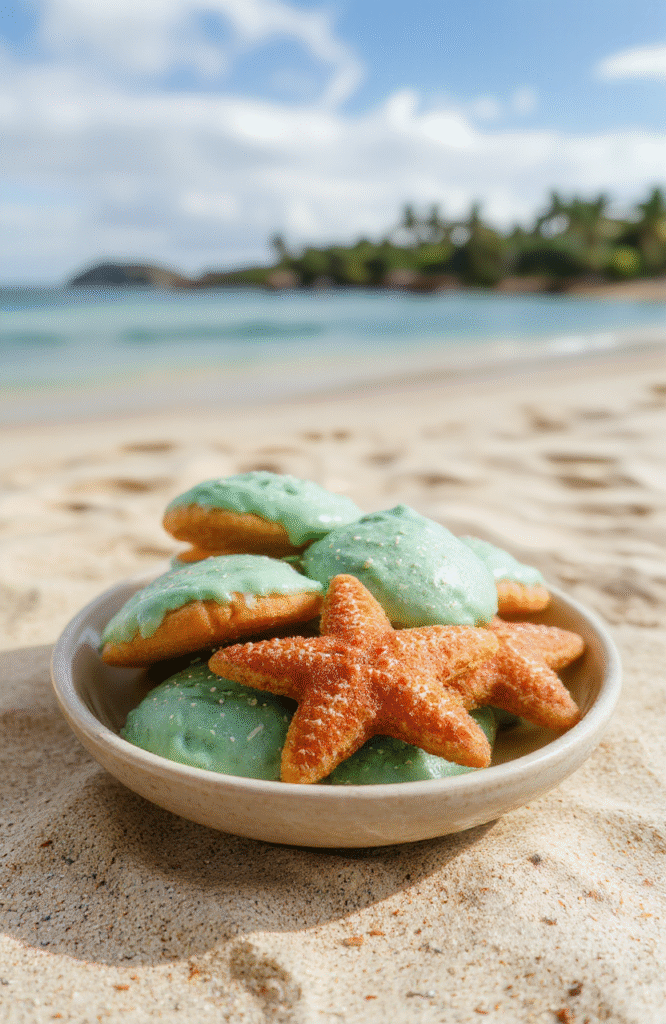 Colorful starfish-shaped cookies with vibrant blue, orange, and yellow icing, arranged on a sandy textured platter with ocean-themed decorations, styled to evoke a tropical island scene with a whimsical, playful presentation.
