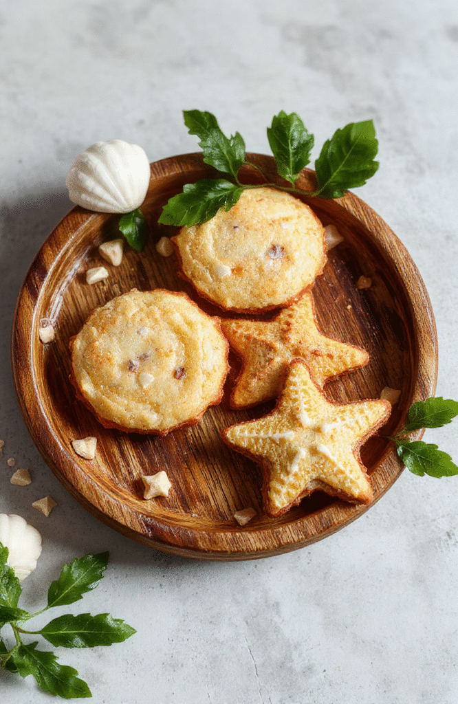 Colorful starfish-shaped cookies with textured details, vibrant icing in shades of blue, orange, and yellow, arranged on a rustic wooden platter, garnished with sea-inspired decorations, styled casually with a beachy, tropical vibe.