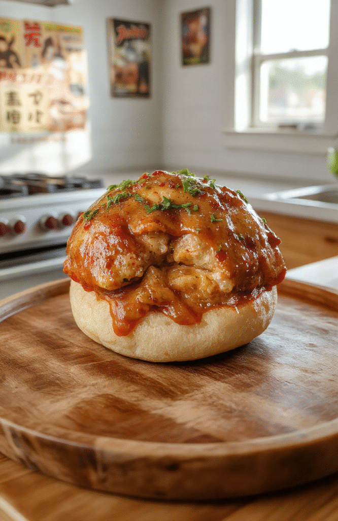 Colorful Naruto Rasengan Curry Bun on a rustic wooden plate, golden-brown exterior with a spiral swirl of curry sauce visible. The bun is garnished with fresh herbs, showcasing a vibrant yellow and brown palette, textured crust, and playful ninja-inspired design. Natural daylight illuminates the scene, with blurred background elements reminiscent of a cozy kitchen or Japanese-inspired setting.