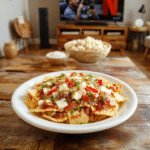 Colorful platter of loaded nachos with melted cheese, jalapenos, sour cream, and fresh tomatoes, served on a rustic wooden table, vibrant and inviting, styled for a cozy movie night, with a background hint of a TV and popcorn.