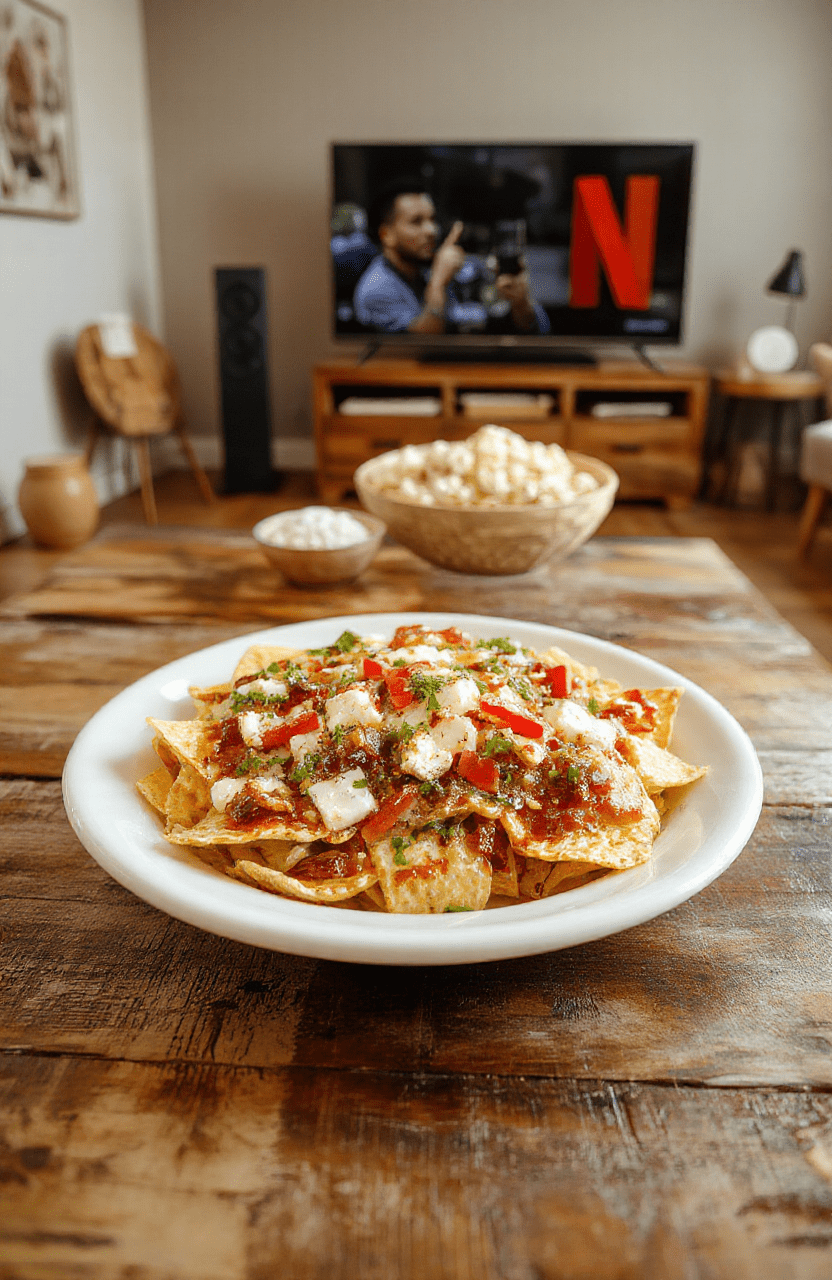 Colorful platter of loaded nachos with melted cheese, jalapenos, sour cream, and fresh tomatoes, served on a rustic wooden table, vibrant and inviting, styled for a cozy movie night, with a background hint of a TV and popcorn.