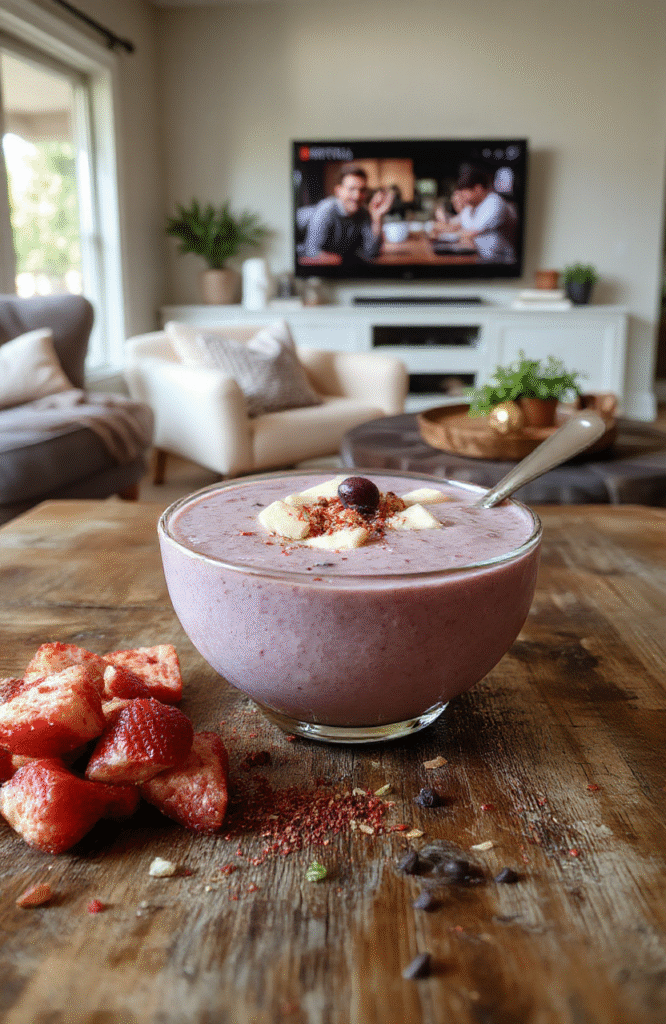 A vibrant Netflix Chill Smoothie Bowl featuring a colorful array of fresh berries, sliced bananas, granola, and a drizzle of honey, presented in a white ceramic bowl. The bowl is topped with edible flowers and chia seeds, styled on a rustic wooden table with natural daylight highlighting the textures and bright colors, creating an inviting, Instagram-worthy snack look.