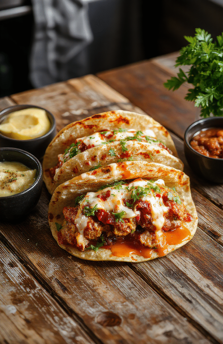 A vibrant plate of Netflix Global Fusion Tacos featuring colorful tortillas filled with a variety of fresh ingredients like vibrant vegetables, seasoned meats, and drizzled sauces, arranged on a rustic wooden table styled with cinematic-themed props and soft natural daylight highlighting the textures and vivid colors.