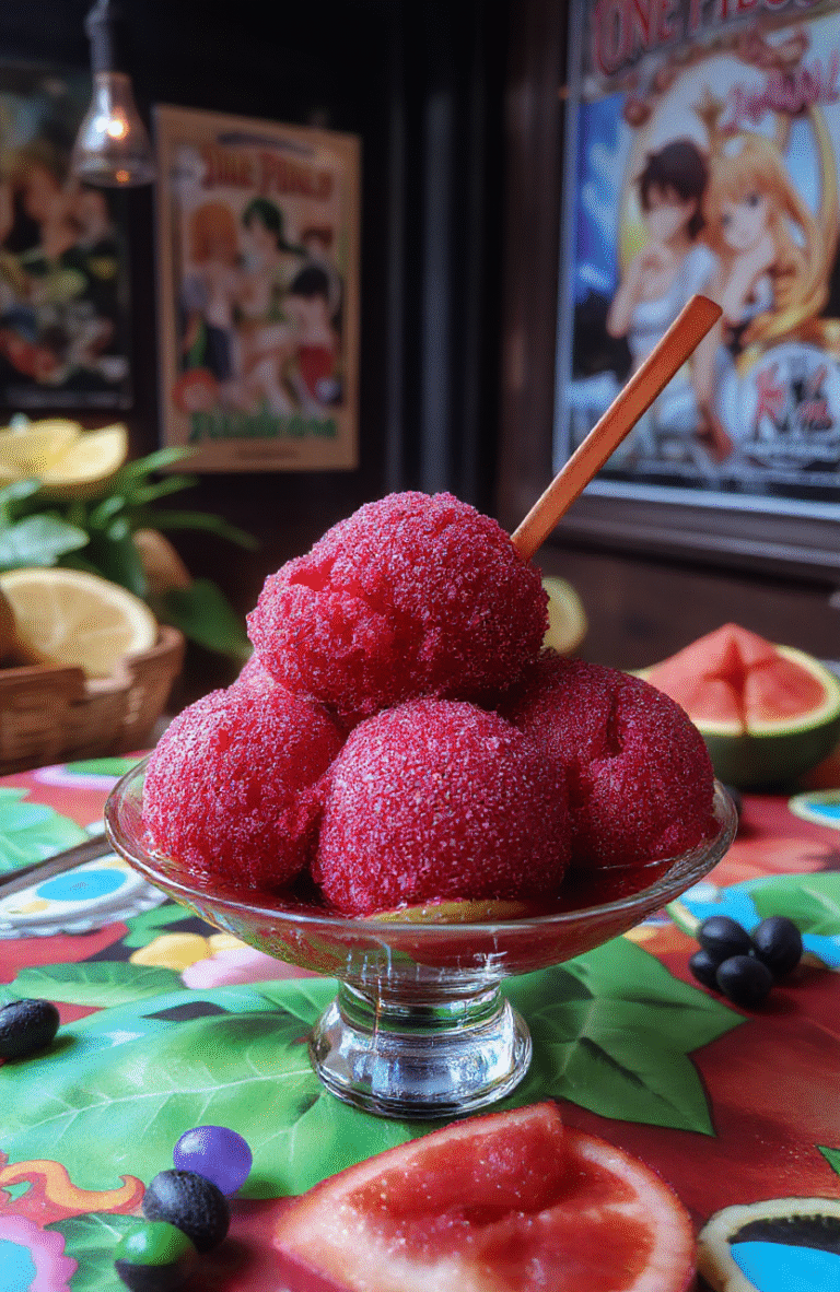 A vibrant, colorful scoop of Devil Fruit Sorbet served in a transparent glass bowl, topped with fresh fruit slices and edible glitter. The sorbet is bright pink and purple, with a smooth, icy texture. The background features a chartreuse tablecloth with fantasy and anime-themed decorations, evoking a playful, whimsical atmosphere.