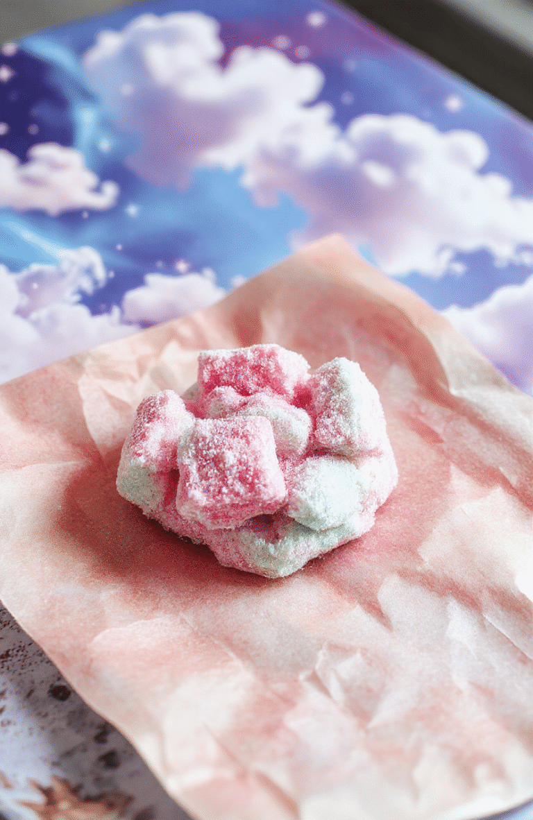 A vibrant, whimsical sky-colored cotton candy resembling clouds on a clear blue plate, topped with edible glitter to mimic sparkling sky, set against a soft pastel background with fantasy-themed decorations.