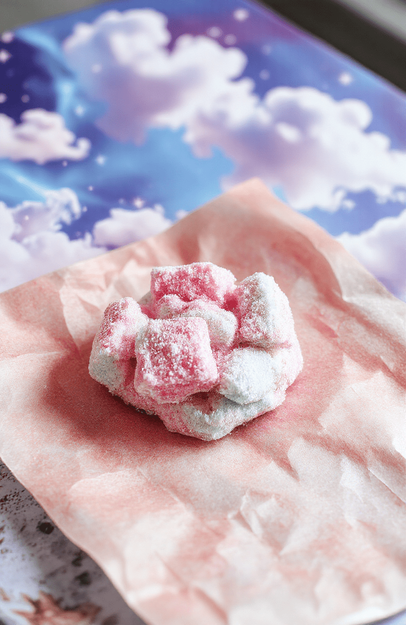 A vibrant, whimsical sky-colored cotton candy resembling clouds on a clear blue plate, topped with edible glitter to mimic sparkling sky, set against a soft pastel background with fantasy-themed decorations.