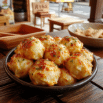 A vibrant platter of golden-brown Takoyaki balls garnished with green onions, drizzled with sauce and topped with bonito flakes on a rustic ceramic plate, styled with chopsticks and a small bowl of dipping sauce, set against a wooden table surface.