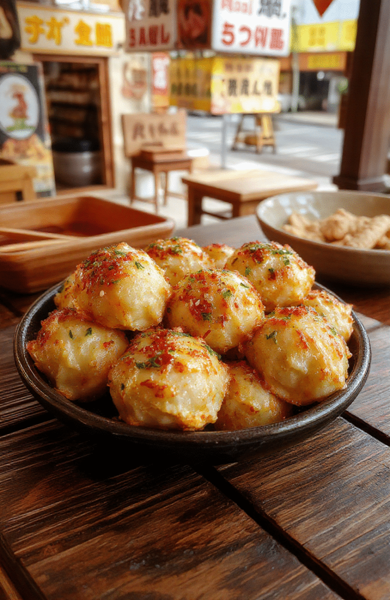 A vibrant platter of golden-brown Takoyaki balls garnished with green onions, drizzled with sauce and topped with bonito flakes on a rustic ceramic plate, styled with chopsticks and a small bowl of dipping sauce, set against a wooden table surface.