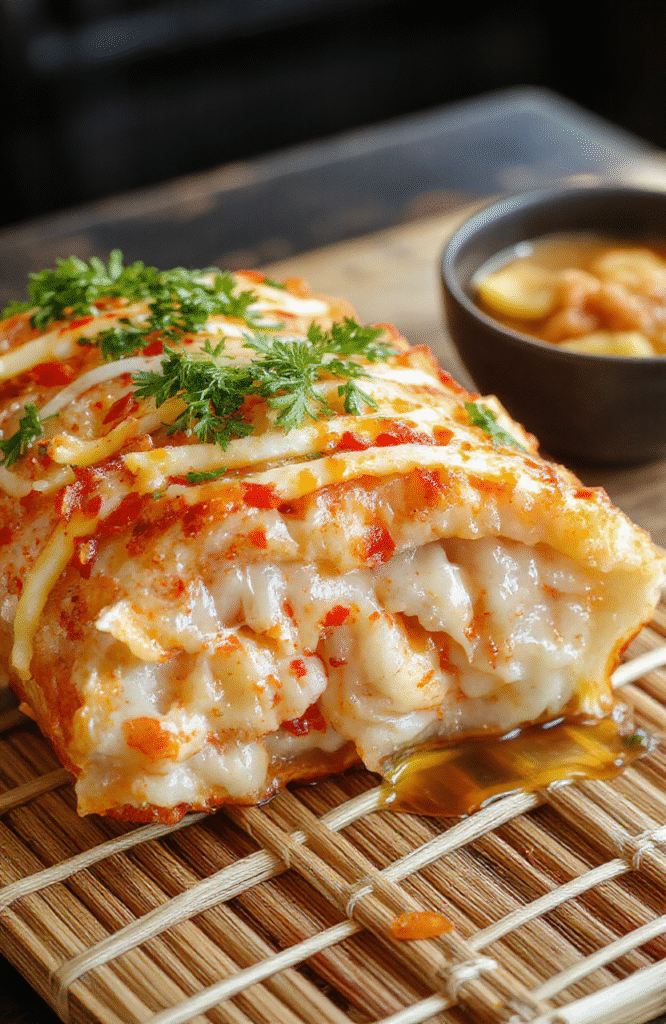 Colorful steamed dumplings arranged neatly on a white plate, garnished with fresh herbs and a dipping sauce in a small bowl. The dumplings have a glossy, slightly crispy exterior with delicate pleats, showcasing traditional Chinese styling. The background features a textured bamboo mat for a natural look, with soft lighting highlighting the texture and vibrant colors of the dish.
