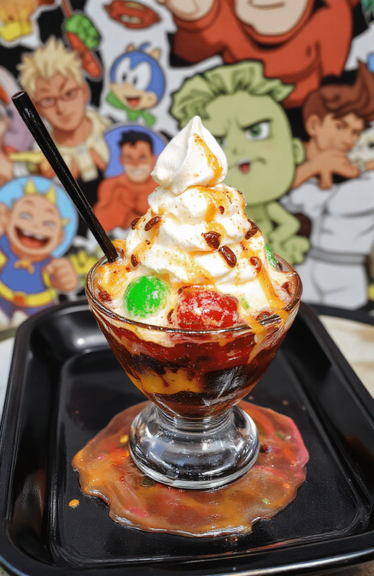 A vibrant royal blue and gold plated Sundae featuring scoops of rich vanilla and chocolate ice cream, topped with bright red cherry, golden sprinkles, and caramel drizzle. The dessert is styled with elegant swirls and garnished with a miniature crown and superhero-themed candies, set on a sleek black tray with colorful, themed decorations in the background.
