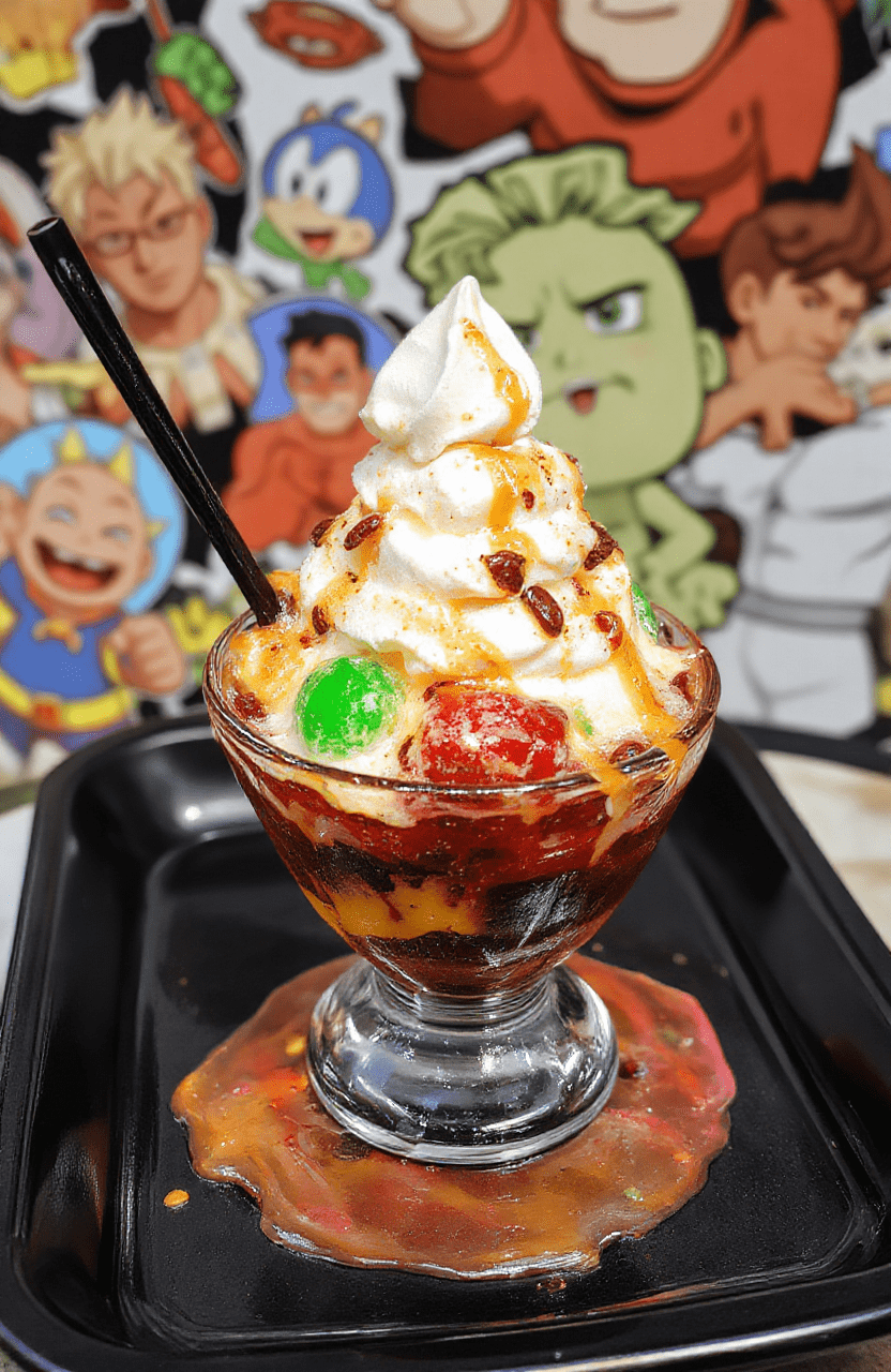 A vibrant royal blue and gold plated Sundae featuring scoops of rich vanilla and chocolate ice cream, topped with bright red cherry, golden sprinkles, and caramel drizzle. The dessert is styled with elegant swirls and garnished with a miniature crown and superhero-themed candies, set on a sleek black tray with colorful, themed decorations in the background.