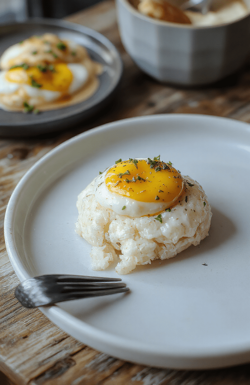 Plated simple egg and rice dish with fluffy white rice topped with a perfectly cooked sunny-side-up egg, vibrant yellow yolk, and garnished with green scallions, presented on a rustic wooden table with a soft natural daylight glow.