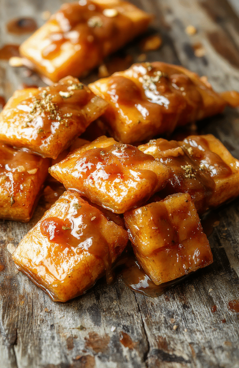 A vibrant plate of golden-brown candied yams topped with glossy caramel sauce, garnished with chopped pecans, served on a rustic wooden table with a warm backdrop. The textures of tender yams contrasted with shiny caramel glaze and crunchy pecans create an inviting and appetizing scene.