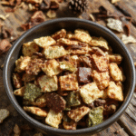 A colorful trail mix featuring a mix of almonds, dried cranberries, pumpkin seeds, and mini chocolate chips artfully arranged in a rustic bowl, with a vibrant background of woodland scene hints, textured wooden surface, and scattered ingredients for an inviting, adventurous snack