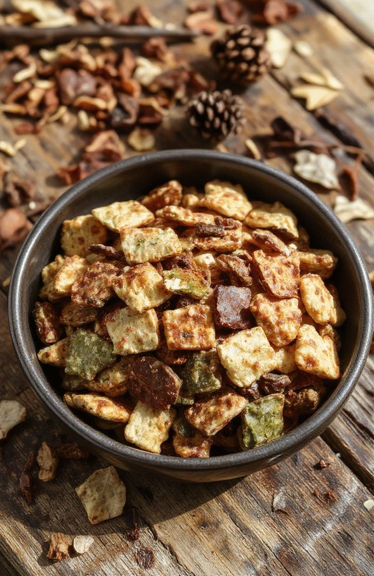 A colorful trail mix featuring a mix of almonds, dried cranberries, pumpkin seeds, and mini chocolate chips artfully arranged in a rustic bowl, with a vibrant background of woodland scene hints, textured wooden surface, and scattered ingredients for an inviting, adventurous snack