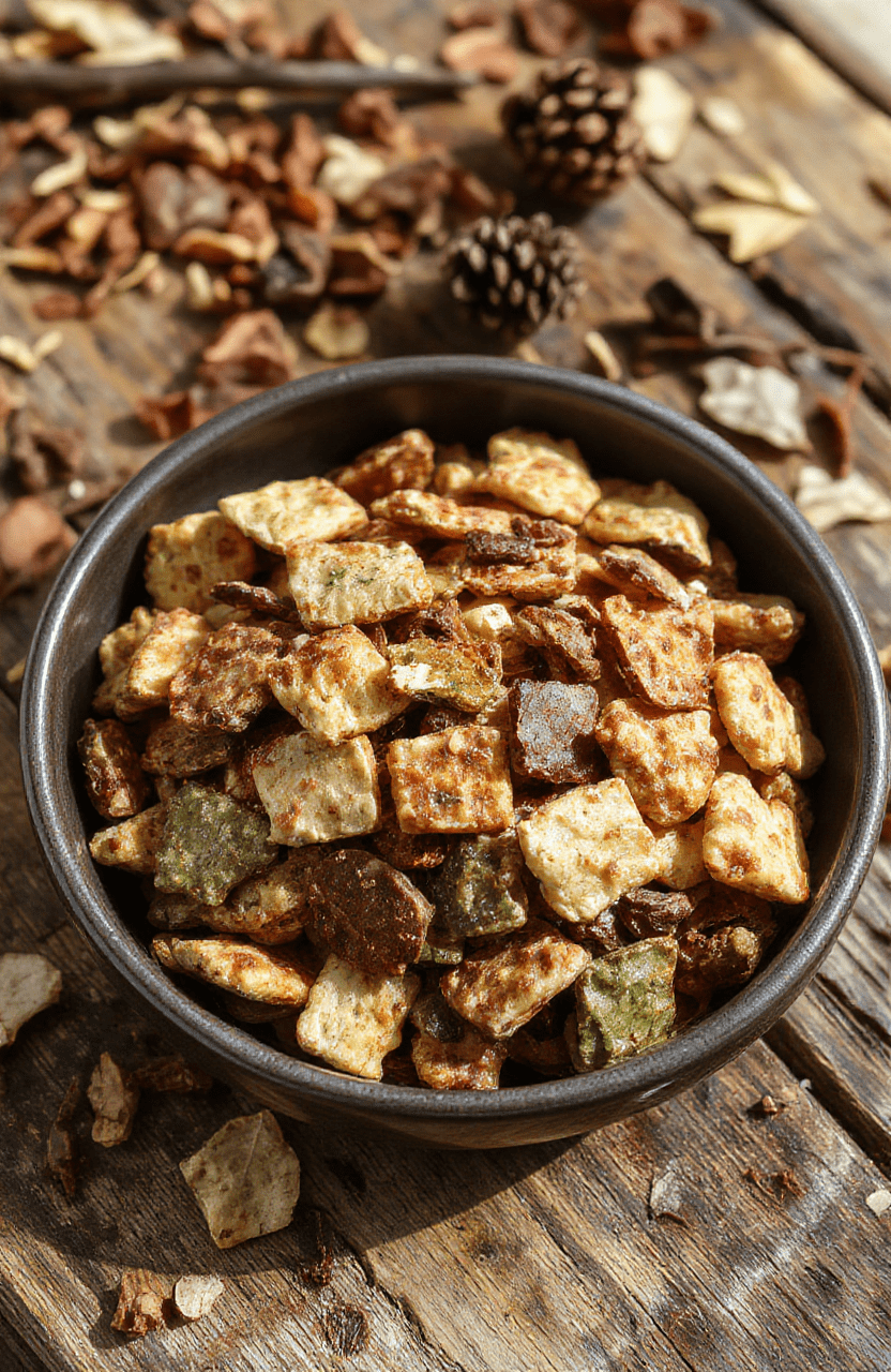 A colorful trail mix featuring a mix of almonds, dried cranberries, pumpkin seeds, and mini chocolate chips artfully arranged in a rustic bowl, with a vibrant background of woodland scene hints, textured wooden surface, and scattered ingredients for an inviting, adventurous snack