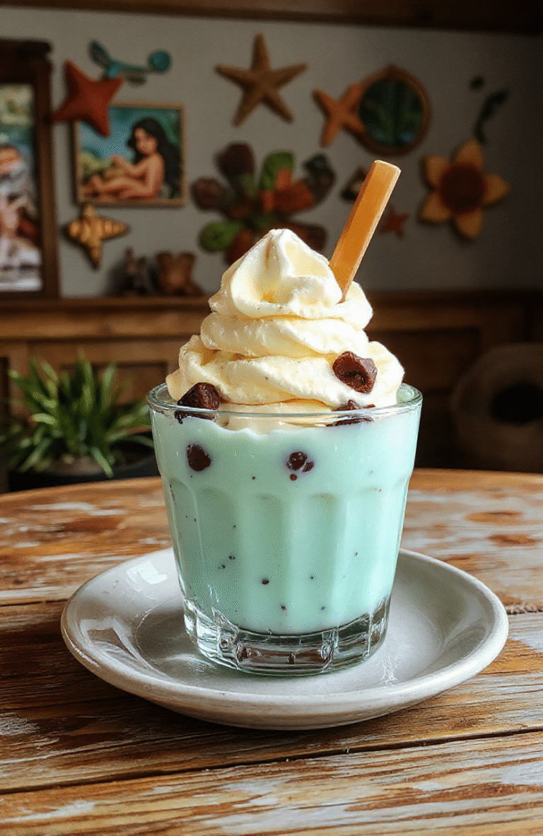 Colorful mermaid lagoon parfait layered with vibrant blue, green, and purple jelly, topped with edible pearls and shiny edible glitter, served in a clear glass with ocean-like decorations, and garnished with fresh fruit and small edible seashells.