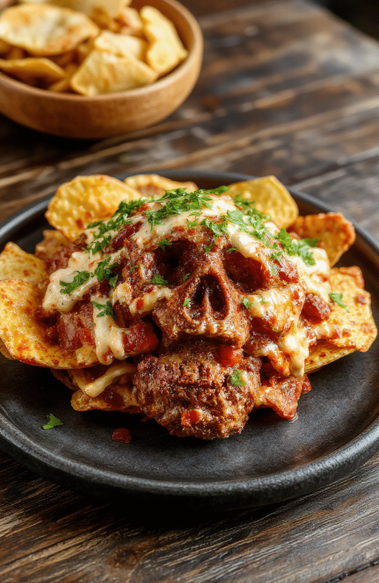 Colorful Peter Pan Skull Rock Nachos arranged creatively on a dark plate, featuring crispy tortilla chips topped with melted cheese, green jalapeños, and red peppers, styled with whimsical pirate and Neverland themed decorations, vibrant and appetizing textures, cinematic presentation.