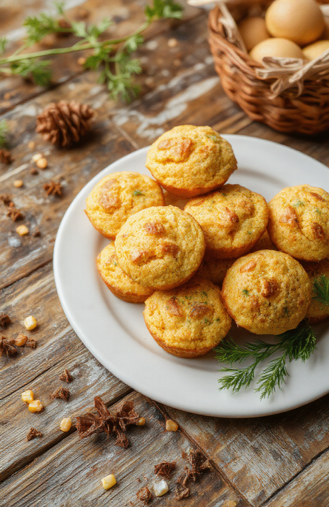 Golden-brown cornbread muffins arranged on a rustic wooden plate, with a soft crumb texture visible and a slightly crispy top. Freshly baked, steaming, with a few crumbs scattered around. The background features a cozy kitchen setting with warm lighting and a hint of autumn decor enhancing the inviting atmosphere.