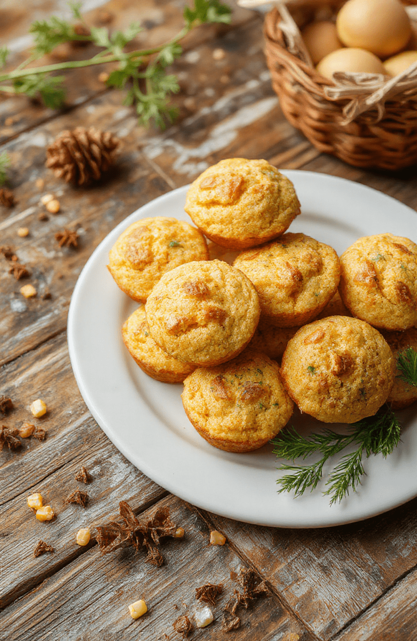 Golden-brown cornbread muffins arranged on a rustic wooden plate, with a soft crumb texture visible and a slightly crispy top. Freshly baked, steaming, with a few crumbs scattered around. The background features a cozy kitchen setting with warm lighting and a hint of autumn decor enhancing the inviting atmosphere.